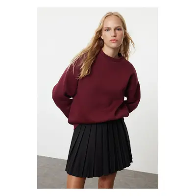 Trendyol Claret Red Oversize/Relaxed Cut Basic Crew Neck Thick/Polar Inside Knitted Sweatshirt