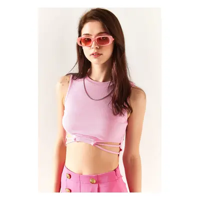 Olalook Women's Candy Pink Decollete Lycra Crop Blouse