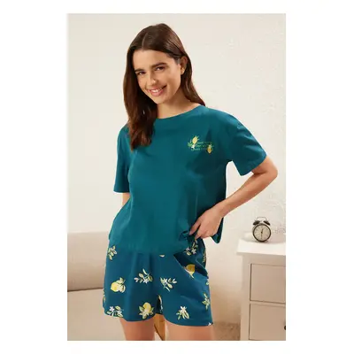 Trendyol Green 100% Cotton Lemon Patterned Shorts Knitted Pajama Set