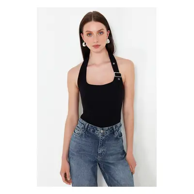 Trendyol Black Halter Neck Belt Detail Fitted Knitted Blouse