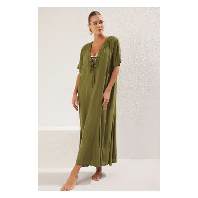 Trendyol Khaki*001 Plain Relaxed Maxi Woven Striped 50% Viscose, 50% Nylon Dress