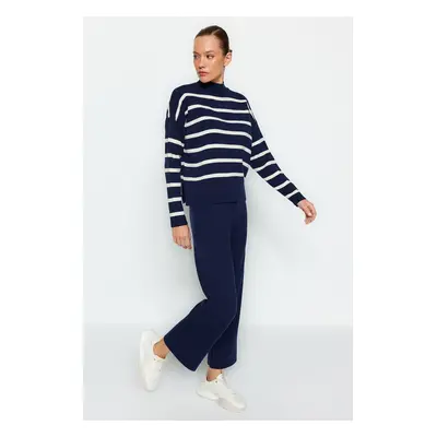 Trendyol Navy Blue Striped Knitwear Trousers Bottom-Top Set