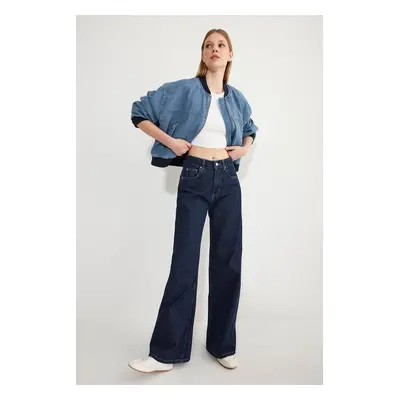 Trendyol Dark Blue Regular Waist Wide Leg Jeans