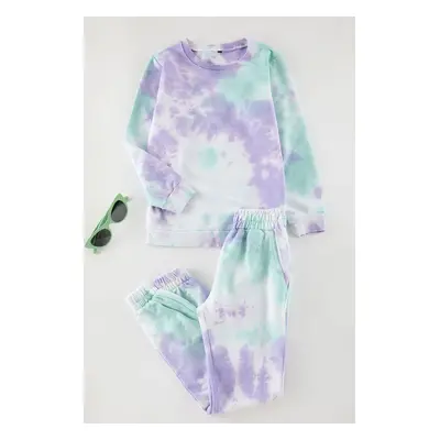 Trendyol Lilac Girl's Tie-Dye Knitted Top and Bottom Set