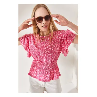 Olalook Women's Floral Pink Bat Blouse with Elastic Waist and Frilly Sleeves