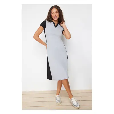 Trendyol Black Polo Neck Color Blocked Skater/Waisted Cotton Stretchy Knitted Midi Dress