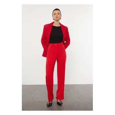 Trendyol Dark Red Straight Cut High Waist Ribbed Stitched Woven Trousers