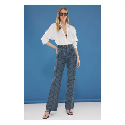 Trendyol Blue Jacquard High Waist Wide Leg Jeans