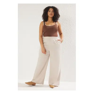 Trendyol Curve Beige Linen Elastic Waist Woven Plus Size Trousers