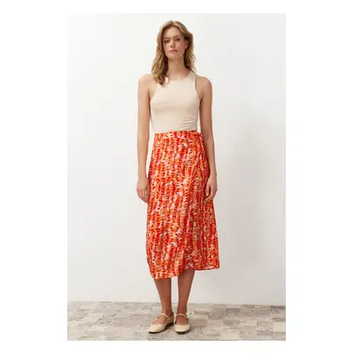 Trendyol Orange Floral Patterned Viscose Fabric Midi Woven Skirt