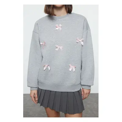 Trendyol Gray Melange Ribbon Detailed Oversize/Wide Fit Thick Knitted Sweatshirt