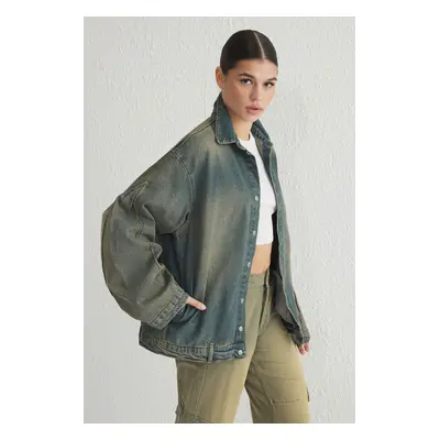 Trendyol Blue Vintage Wash Effect Oversized Denim Jacket