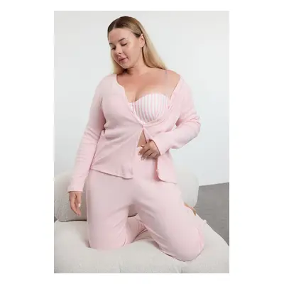 Trendyol Curve Pink Brushed Soft Ribbed Cardigan Knitted Pajama Set