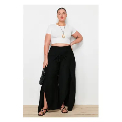 Trendyol Curve Black Wrap Closure Detail Wide Leg Beachwear Woven Plus Size Trousers