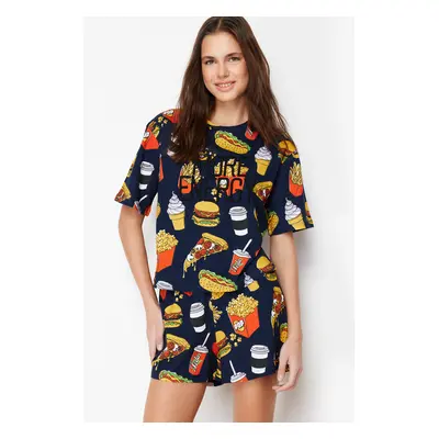 Trendyol Navy Blue-Multi Colorful Slogan Embroidered Knitted Pajama Set with Shorts