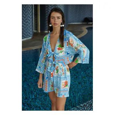 Trendyol Light Blue Tropical Patterned Woven 100% Cotton Shirt Shorts Beach Set