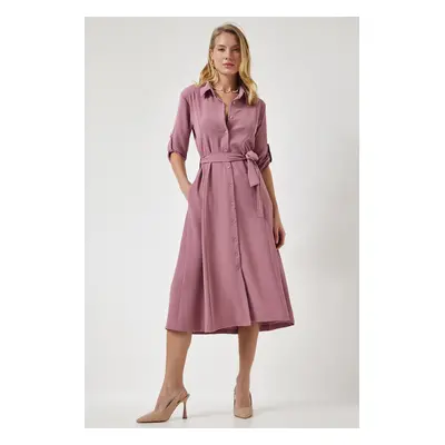 Happiness İstanbul Women's Dusty Rose Belted Shirt Dress