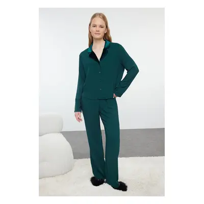 Trendyol Emerald Green Velvet Collar Detailed Viscose Woven Pajama Set