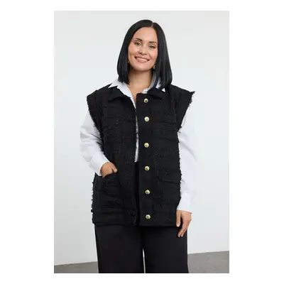 Trendyol Curve Black Pocket, Gold Button Pocket Tweed Large Size Woven Vest