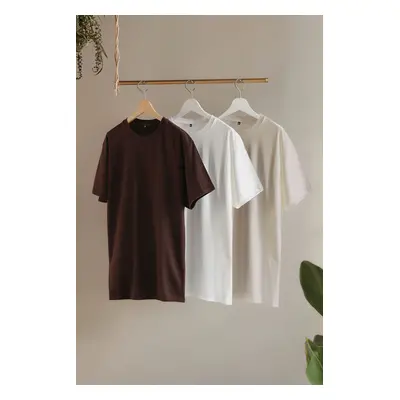 Trendyol Dark Brown-Stone-White Big Size Pack Regular Cut 100% Cotton T-Shirt