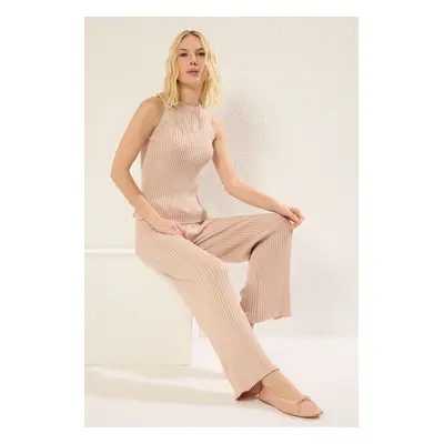 Trendyol Powder Ribbed Crew Neck Blouse-Pants Knitwear Bottom-Top Set