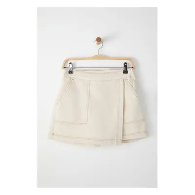 Trendyol Ecru Double Breasted Normal Waist Mini Denim Shorts Skirt