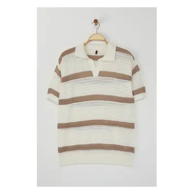 Trendyol Limited Edition Ecru Regular Polo Neck Striped Knitwear Polo Neck T-shirt