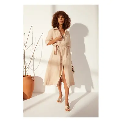 Trendyol Beige 100% Linen Maxi Shirt Dress