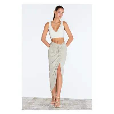 Trendyol Beige Gather Detailed Cotton Linen Blend Midi Length Woven Skirt