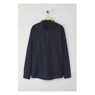 Trendyol Navy Blue Plus Size Cotton Flame Mandarin Collar Half Placket Shirt