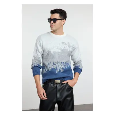 Trendyol Indigo Unisex Regular Fit Crew Neck Landscape Knitted Sweater