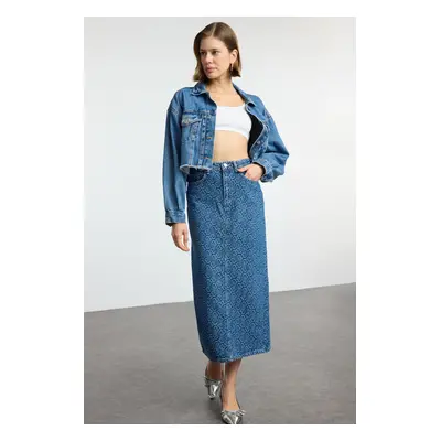 Trendyol Blue Heart Jacquard Print Midi Denim Skirt