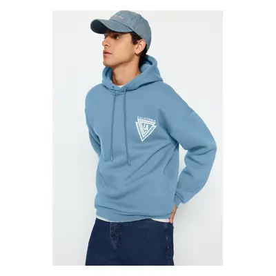 Trendyol Blue 100% Cotton Hoodie Oversize/Wide Cut College Printed Polar Fleece Sweatshirt