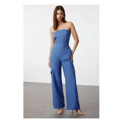 Trendyol Indigo Cargo Pocket Strapless Collar Maxi Woven Jumpsuit