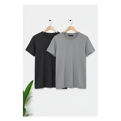 Trendyol Anthracite-Grey Basic Slim Fit/Slim Cut 100% Cotton 2-Pack Short Sleeve T-Shirt