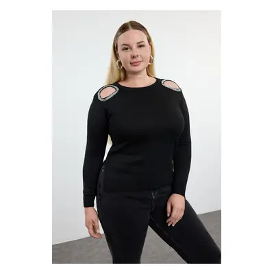 Trendyol Curve Black Stone Shoulder Cut Out Detailed Knitwear Sweater