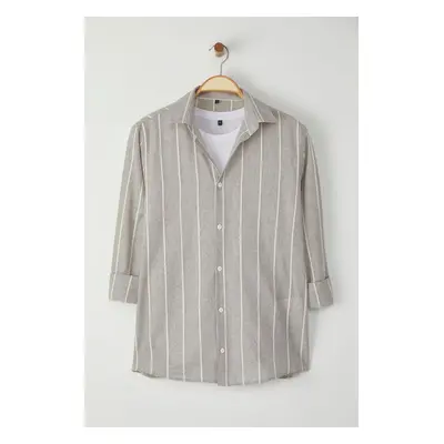 Trendyol Beige Navy Blue Striped Regular Fit Shirt