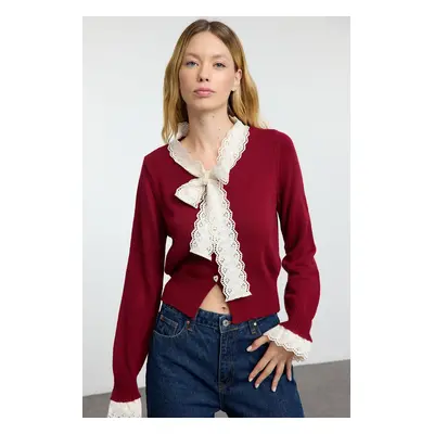 Trendyol Claret Red Garni Detailed Color Block Knitwear Cardigan