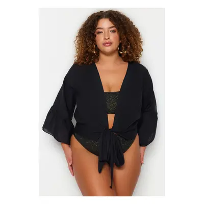 Trendyol Curve Black Double Breasted Collar Sleeve Ruffle Beach Wear Blouse