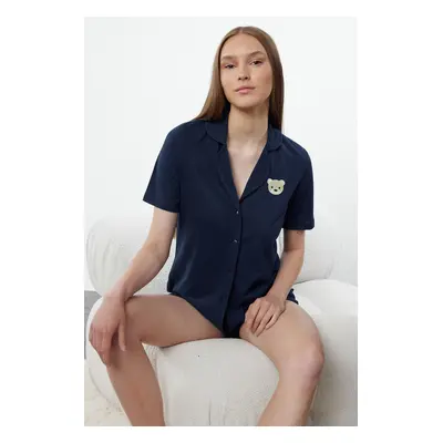 Trendyol Navy Blue Cotton Teddy Bear Embroidered Shirt-Shorts Knitted Pajama Set