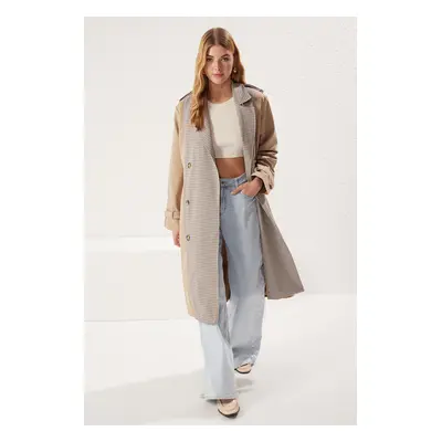 Trendyol Beige Plaid Double Breasted Regular Long Trench Coat