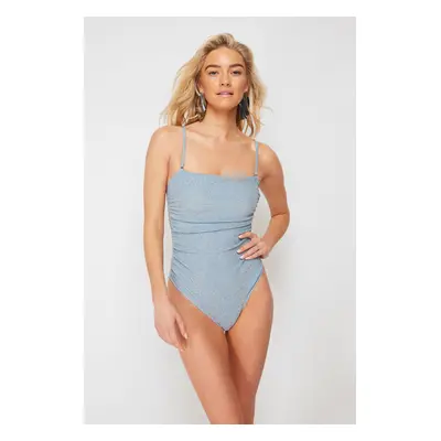 Trendyol Blue Strapless Draped Silvery High Leg Regular Swimsuit