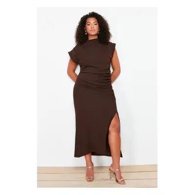 Trendyol Curve Brown Gather Detailed Midi Knitted Dress