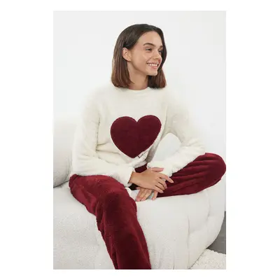 Trendyol Ecru-Burgundy Heart Wellsoft Winter Knitted Pajamas Set