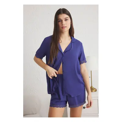 Trendyol Indigo Lace Viscose Shorts Woven Pajama Set