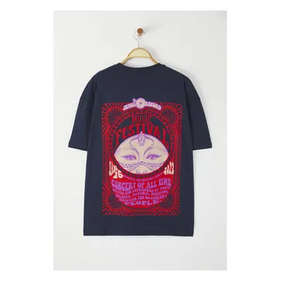 Trendyol Navy Blue Unisex Oversize/Wide Cut Ethnic Back Printed 100% Cotton T-shirt