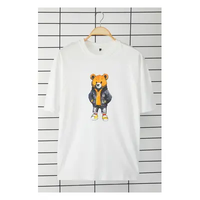 Trendyol Ecru Unisex Oversize/Wide Cut Teddy Bear Printed 100% Cotton T-Shirt