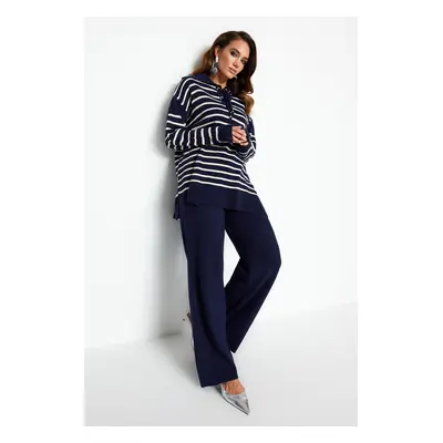 Trendyol Navy Blue Striped Collar Tie Detail Sweater-Trousers Knitwear Two Piece Set