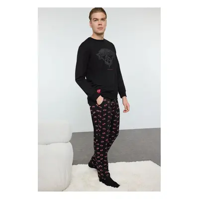 Trendyol Black Regular Fit Printed Labeled Knitted Pajama Set