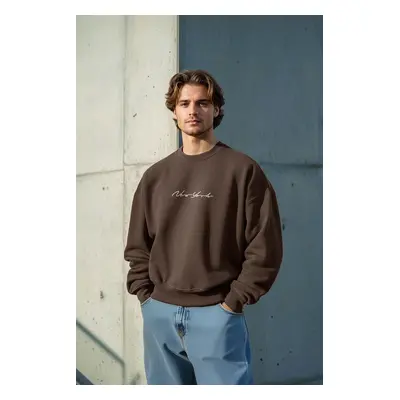 Trendyol Brown 100% Cotton Regular Cut City Embroidered Crew Neck Sweatshirt